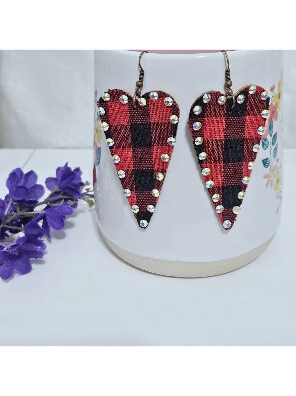 Heart Black & Red Rhinestone Plaid Earrings